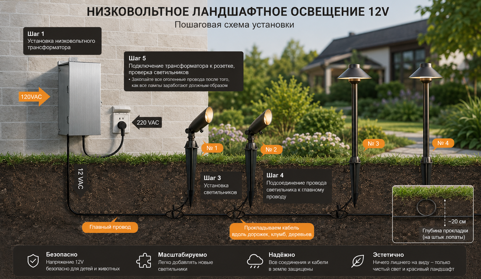 Схема системы 12V: трансформатор, кабель, ответвления и светильники